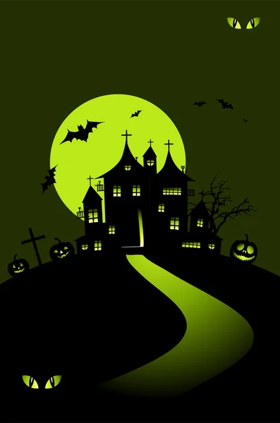 Halloween notte di vacanza, casa sulla collina — Vettoriale Stock