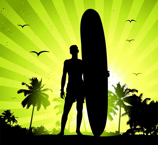 Vacaciones de verano, hombre con tabla de surf — Archivo Imágenes Vectoriales