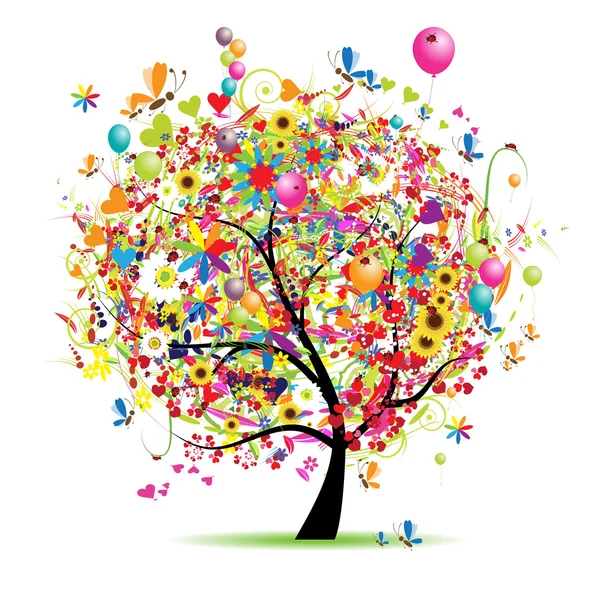 Felices fiestas, árbol divertido con globos — Vector de stock