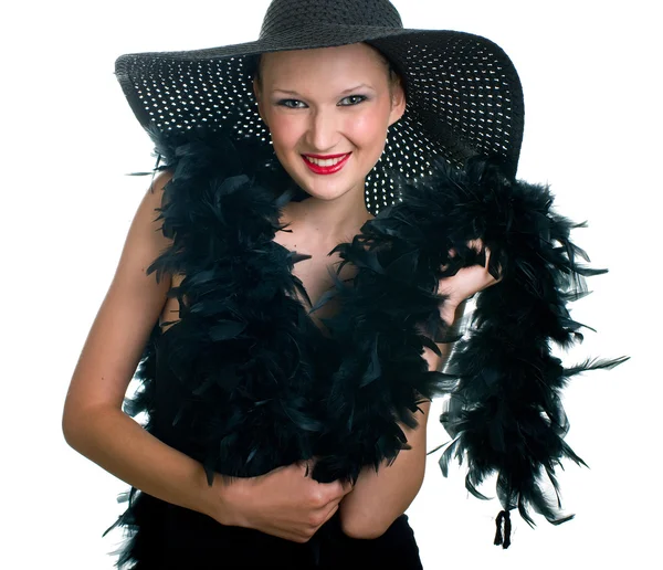 Women in black hat and boa — Stock Photo, Image