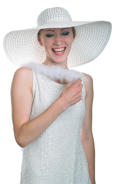 Laughting ženy v bílém klobouku a šaty — Stock fotografie