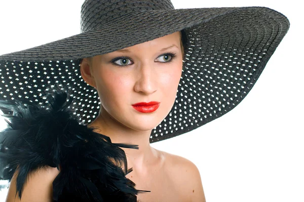 Mulheres de chapéu preto e boa — Fotografia de Stock