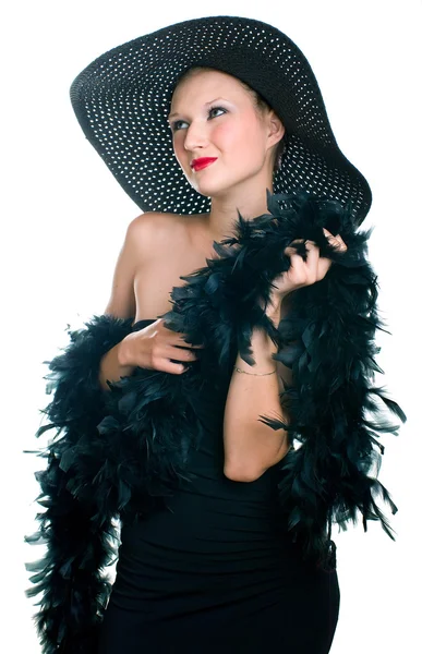 검은 모자와 보아 웃는 여자 — 스톡 사진