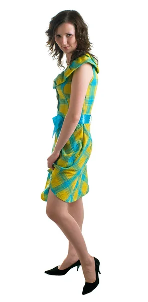 Meisje in jurk van blauwe en gele kleuren — Stockfoto