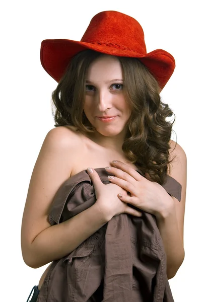 Naked girl in a red hat — Stock Photo, Image