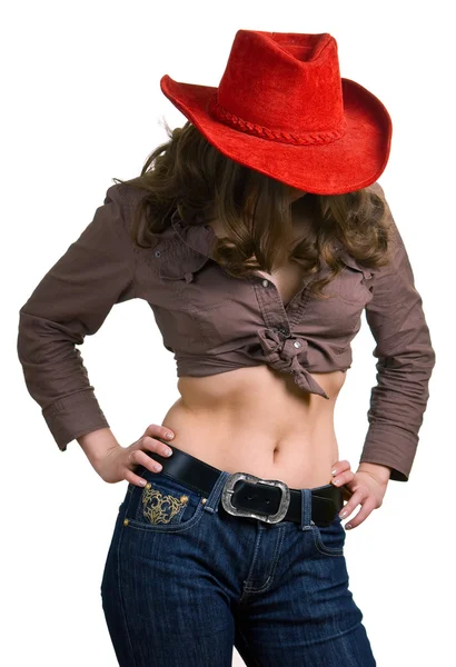 Dívka v červeném klobouku a džíny — Stock fotografie