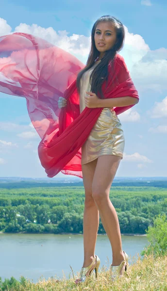 Девушка в золотом платье с красным шарфом — стоковое фото