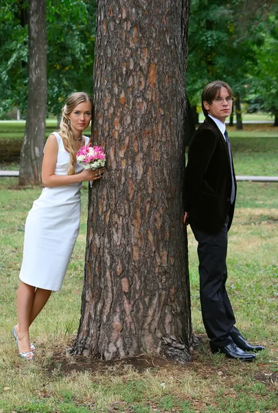 Bride and groom against urban park — Stock Photo, Image