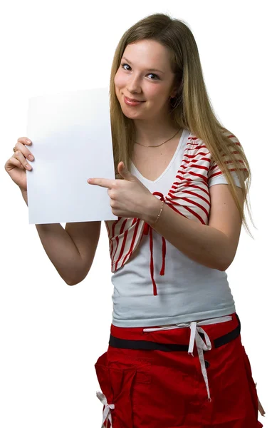 Girl shows empty sheet — Stock Photo, Image