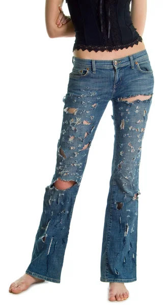 Dívka v černém korzetu a modré džíny — Stock fotografie