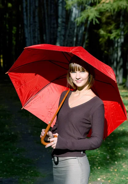 Girl with a red umbrella — Stock Photo, Image