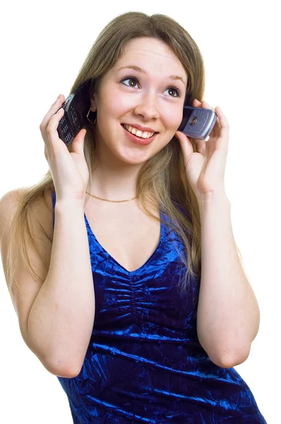 Girl in blue dress with two cellular — Stock Photo, Image