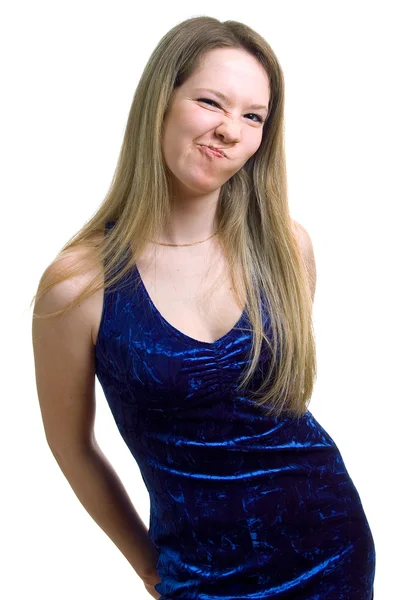Menina divertida em vestido azul — Fotografia de Stock