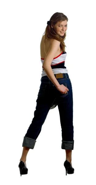 Kot pantolonlu genç kız — Stok fotoğraf