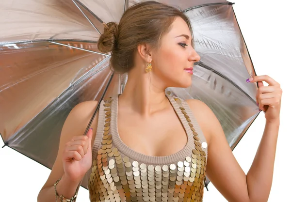 Young women with a silver umbrella — Stock Photo, Image