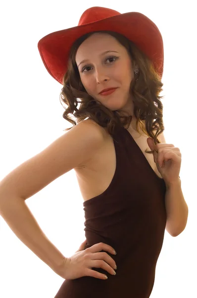 Hermosa chica en un sombrero rojo — Foto de Stock
