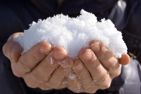 Schnee liegt in männlichen Händen — Stockfoto