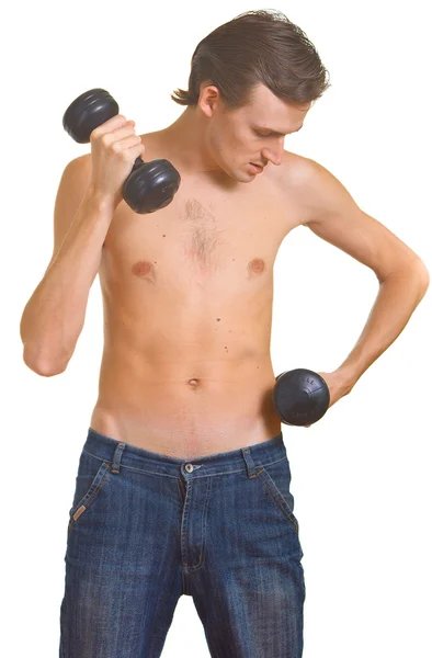 Mladý nahý muž s činkami — Stock fotografie