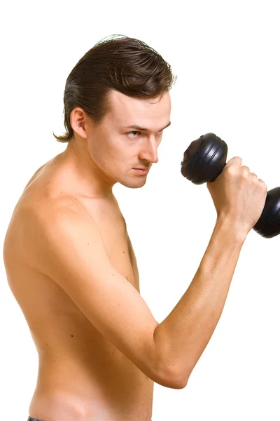 Naked man with dumbbell — Stock Photo, Image
