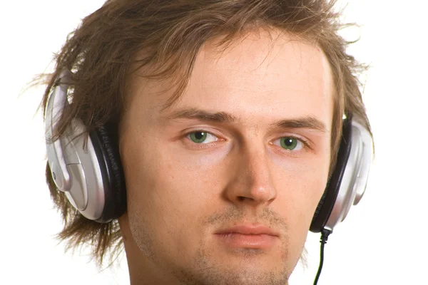 Triste homens desgrenhados em fones de ouvido — Fotografia de Stock
