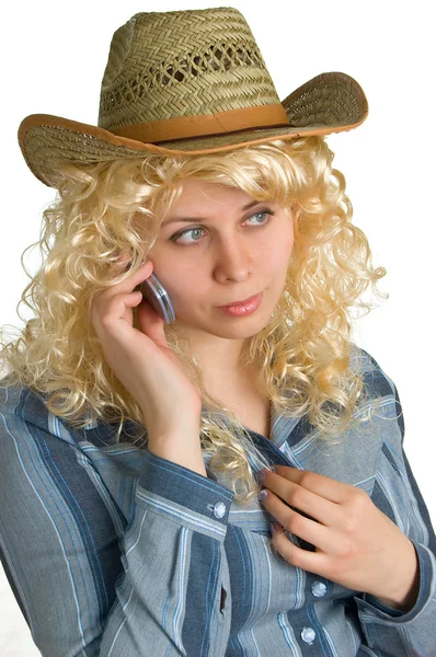 Blondýnka s mobilním telefonem — Stock fotografie
