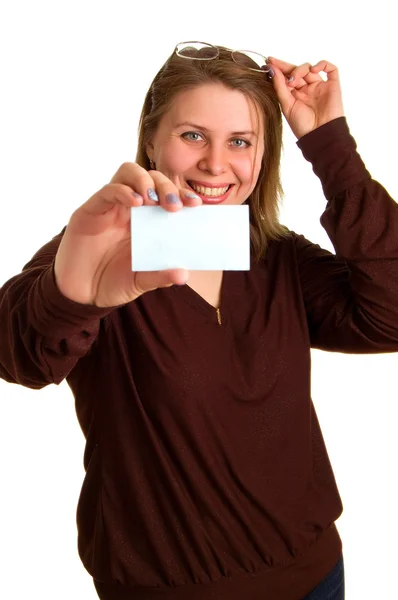 Women in glasses shows white card — Stock Photo, Image