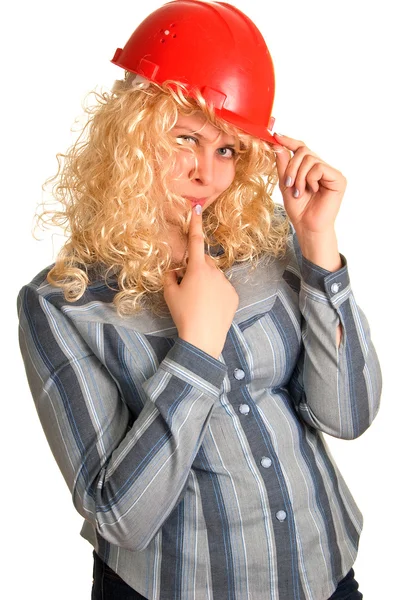 Young women in a red building helmet — Stock Photo, Image