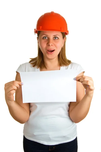 Surprised women in a red helmet — Stock Photo, Image
