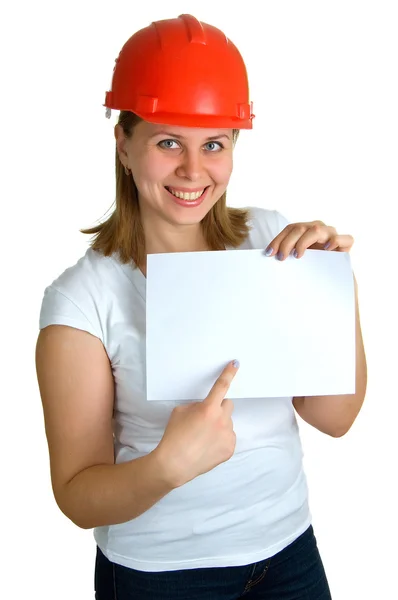 Vrouwen in een rode gebouw helm — Stockfoto