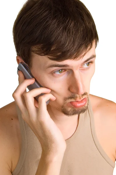 Jeunes hommes tristes avec téléphone cellulaire — Photo
