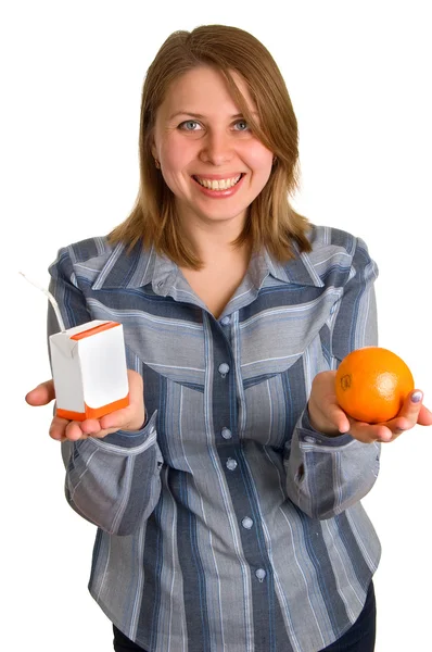 Mulheres agradáveis com suco e laranja — Fotografia de Stock