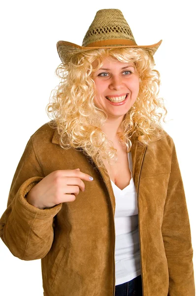 Hasır Şapkalı sarışın kadın gülümsüyor — Stok fotoğraf