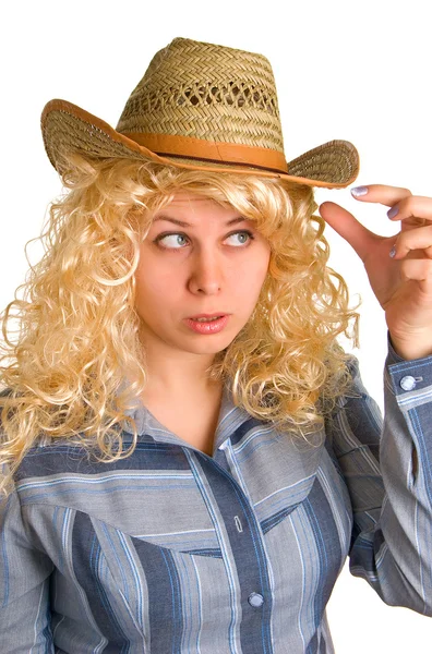 麦わら帽子で驚いたのブロンドの女性 — ストック写真