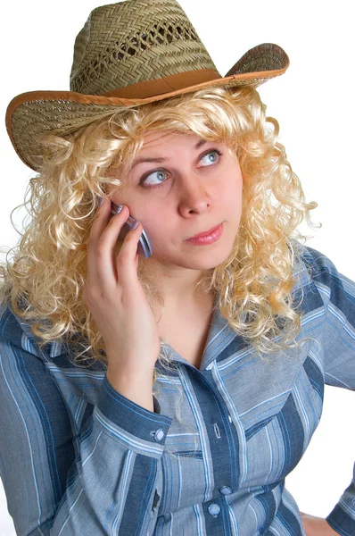 Beautiful blonde girl in straw hat — Stock Photo, Image