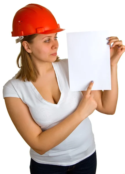 Women in a red building helmet