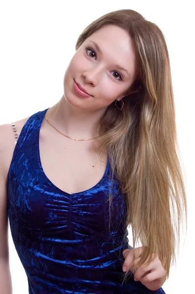 Mooi meisje in een blauwe jurk — Stockfoto