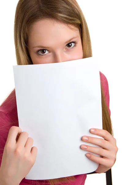Kız ile boş bir beyaz kağıt sayfası — Stok fotoğraf