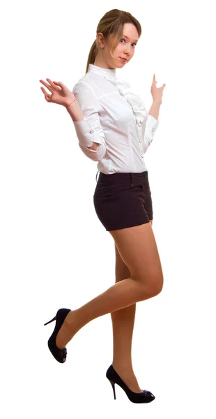 Girl in a white shirt and black shorts — Stock Photo, Image