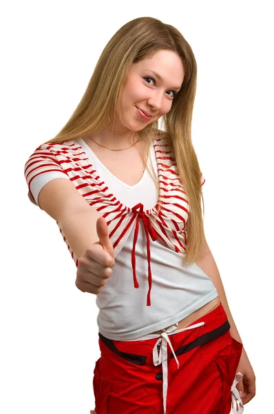 Usmívající se dívka ukazuje palec — Stock fotografie