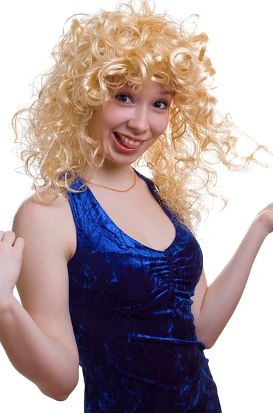 Lustige blonde Mädchen im blauen Kleid — Stockfoto