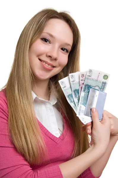 Chica con dinero y tarjeta de crédito en las manos —  Fotos de Stock