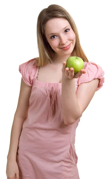 Vacker flicka med ett grönt äpple — Stockfoto