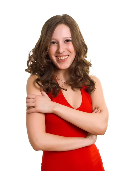 Lachende vrouw in rode jurk — Stockfoto
