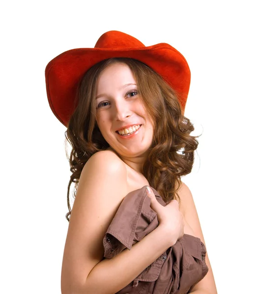 Naken laughingl flicka i en röd hatt — Stockfoto