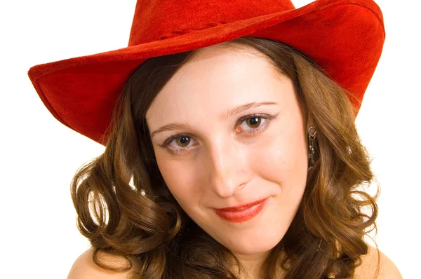 Usmívající se dívka v červeném klobouku — Stock fotografie