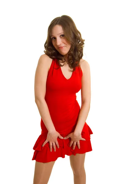 Танцующая девушка в красном платье — стоковое фото