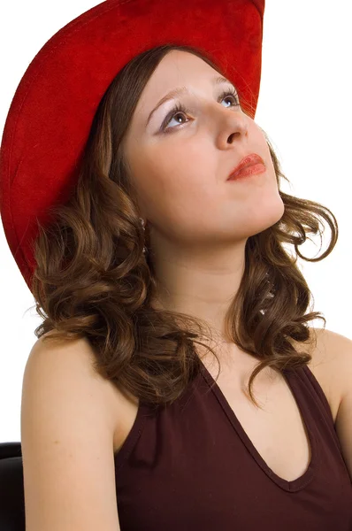美丽的微笑女孩，在一顶红色的帽子 — 图库照片