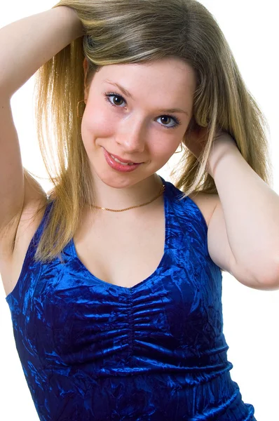 Mooi meisje in een donker blauwe jurk — Stockfoto