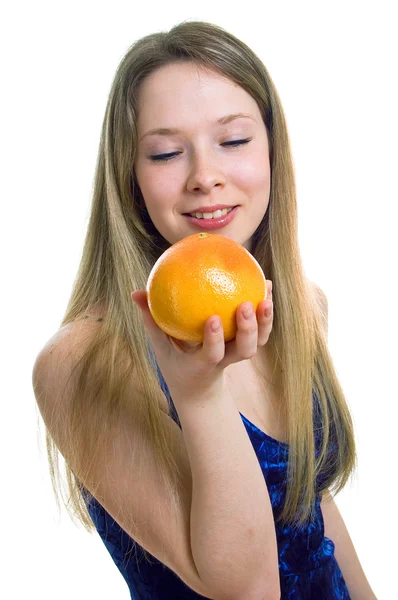 Chica con pomelo naranja — Foto de Stock
