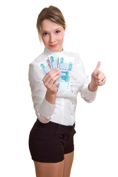 Meisje met geld in de hand — Stockfoto